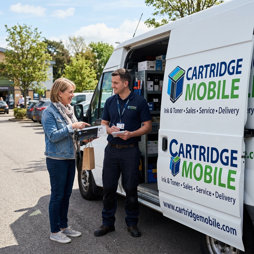 A customer discussing printer cartridges with a Cartridge Mobile professional technician