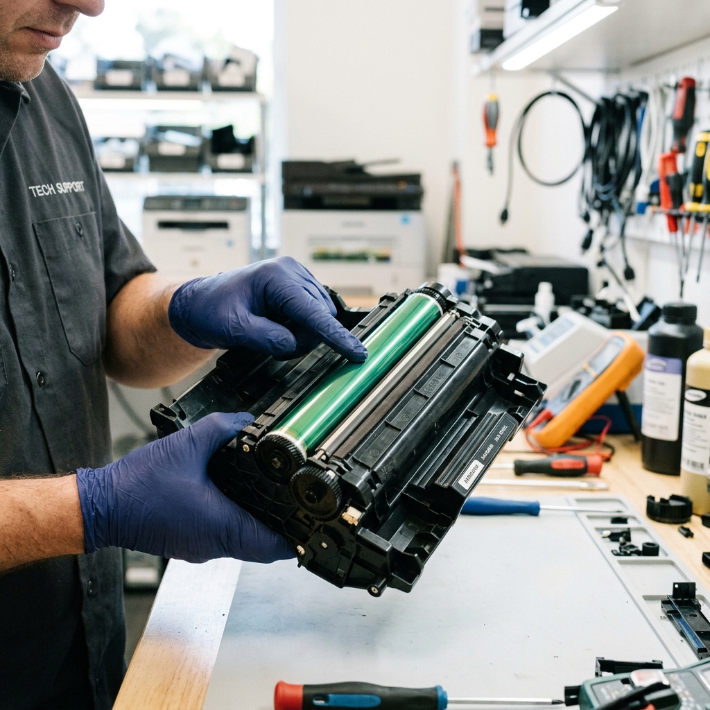 Close-up of a professional technician's hands inspecting a laser printer drum unit