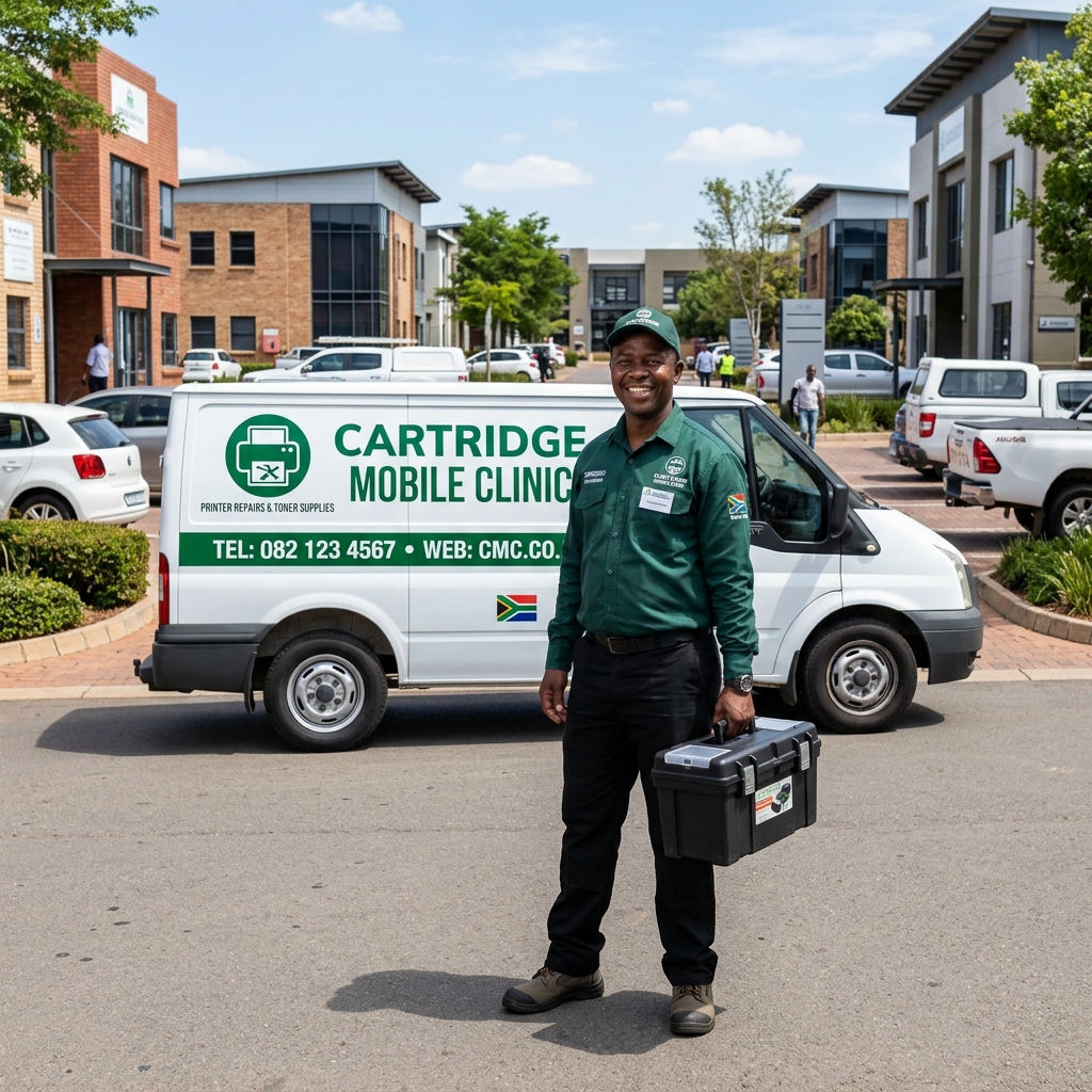 A professional printer technician standing in front of a mobile service van