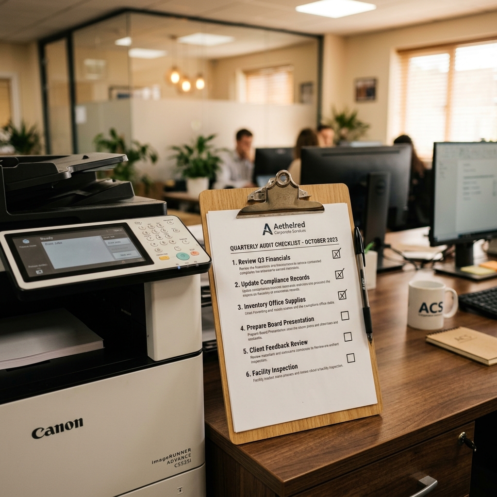 Close-up of a clipboard with a checklist on a desk next to an office printer, evaluating printer repair services