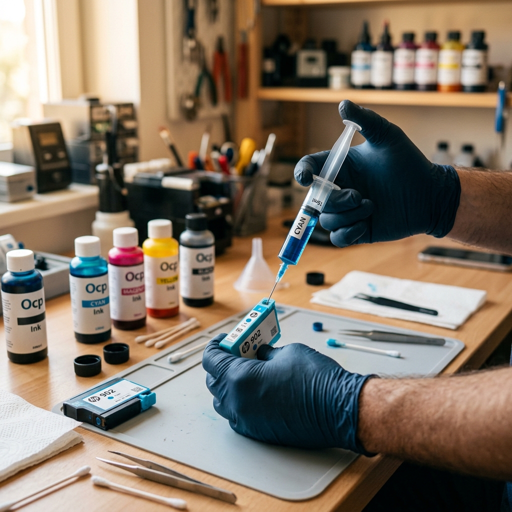 Precision ink cartridge refilling process with syringe and brand-matched ink