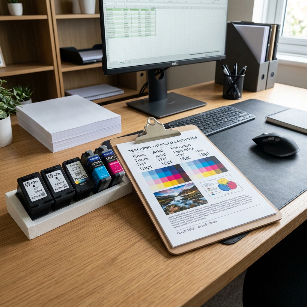 Multiple refilled cartridges neatly aligned next to a sharp test print document