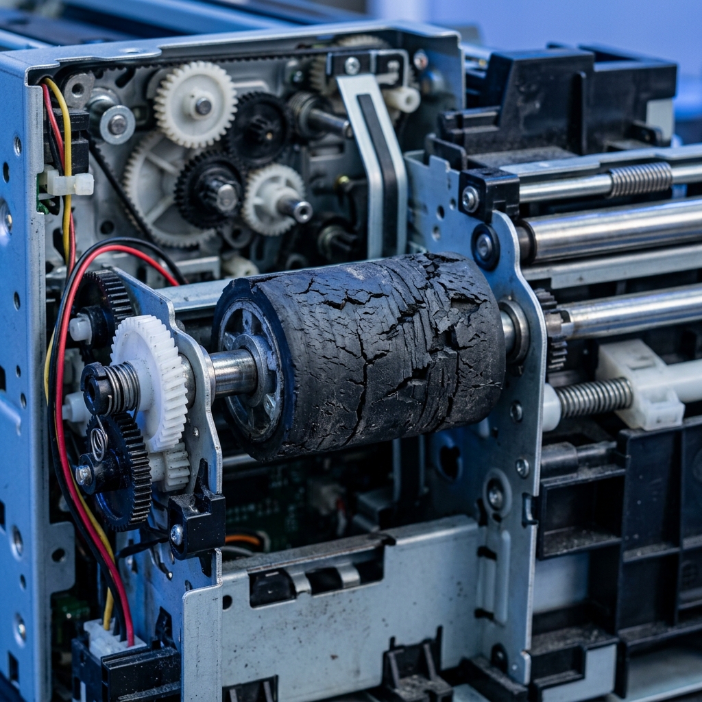 Close-up of a cracked and worn printer pickup roller — common damage caused by forcing a paper jam