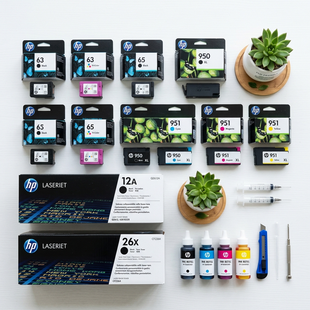 HP ink and toner cartridges ready for professional on-site refilling