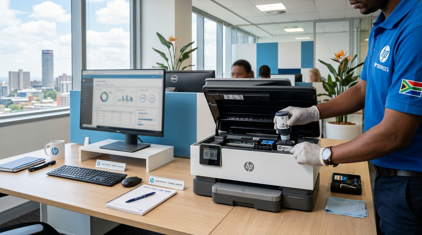 Technician repairing an HP printer on-site in a Boksburg office