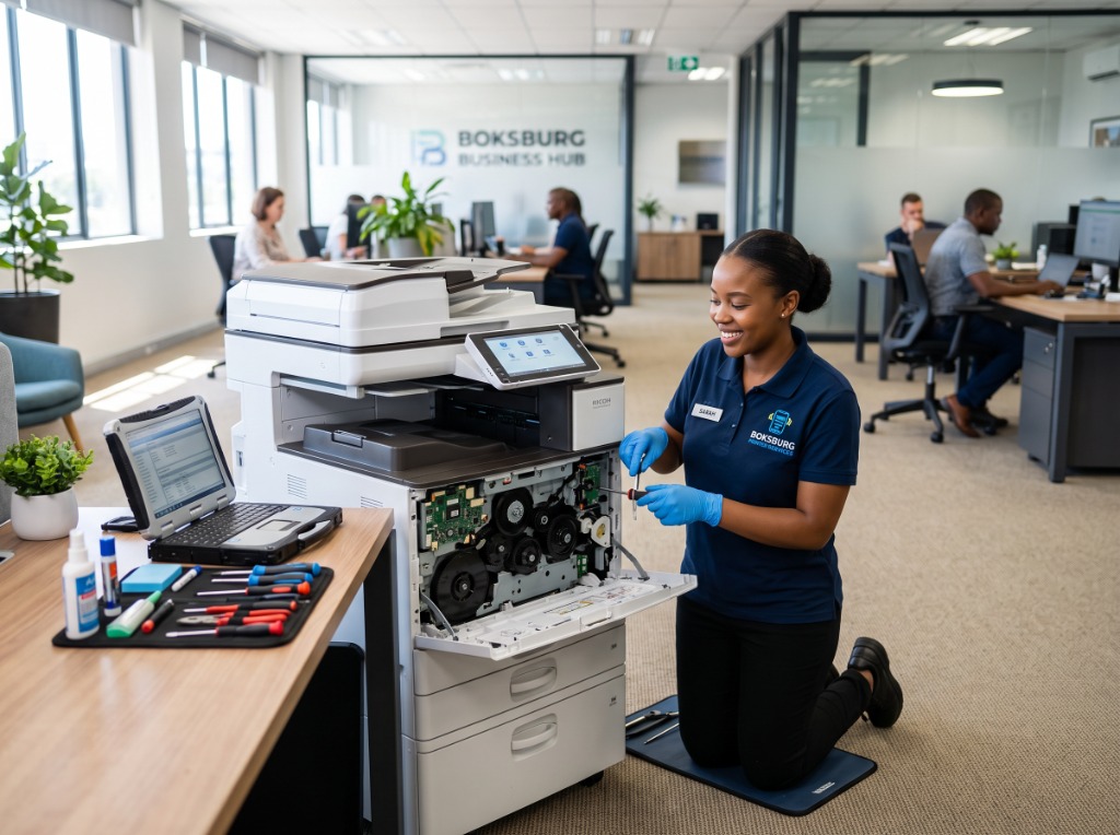 Printer repair technician in Boksburg servicing an office printer on-site