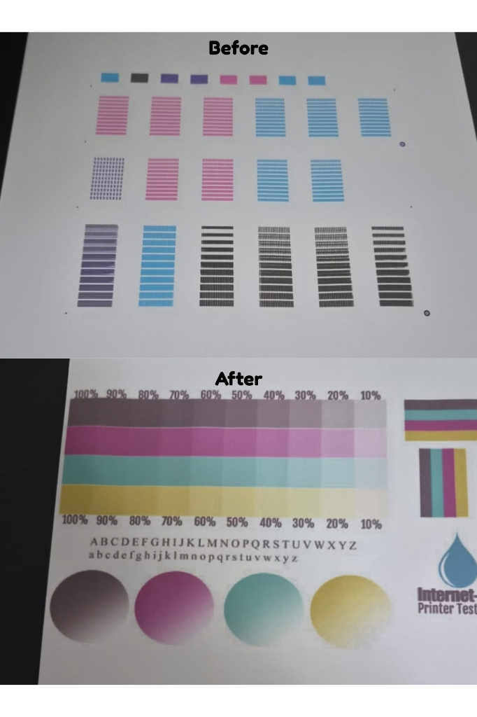 Before and after nozzle check and print quality test page